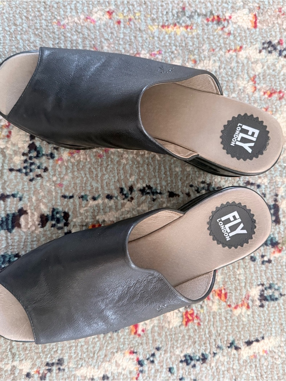 Fly London Black Leather Open-Toe Slide Sandals with Tan Insole - Picture 3 of 5